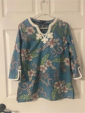 T39a- REYN SPOONER Blue Tropical-Floral HAWAIIAN Tunic Top
